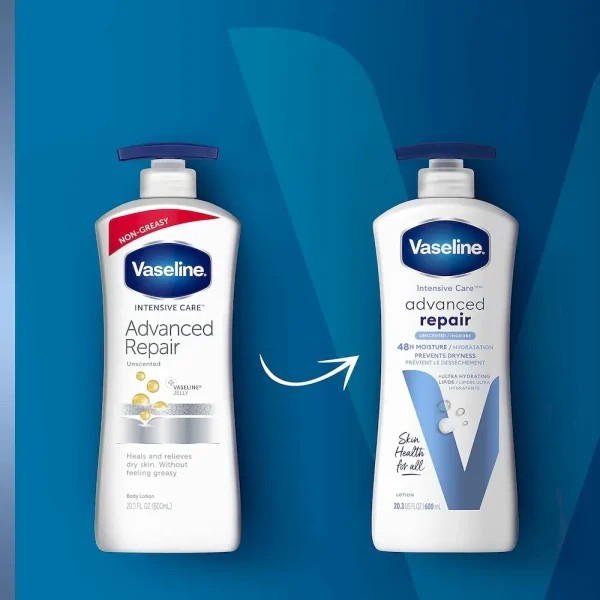 Vaseline Intensive Care Unscented Advanced Repair Body Lotion Ultra-Hydrating with Lipids for Extremely Dry Skin. 20.3 oz. Pack of 3 - Image 10
