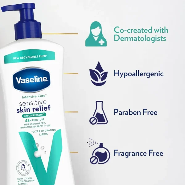 Vaseline Intensive Care Body Lotion 4 Pack Sensitive Skin Relief For Dry Skin With Colloidal Oatmeal and Ultra-Hydrating Lipids 20.3 oz - Image 4
