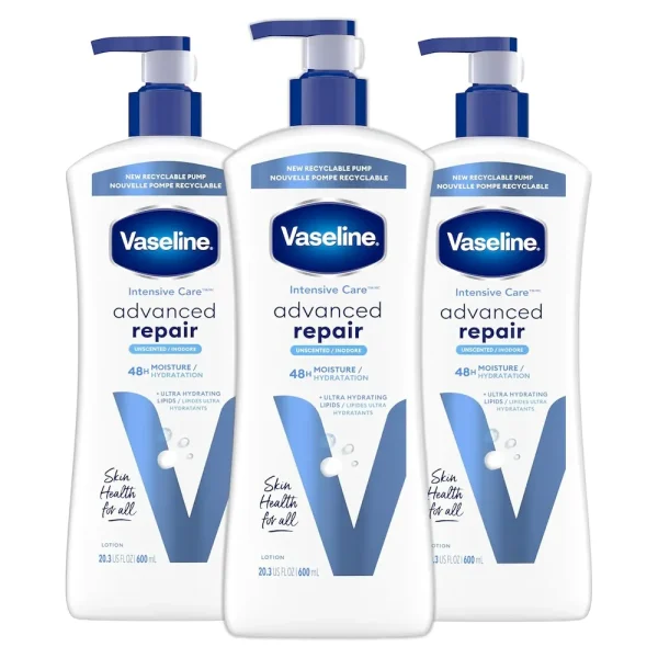 Vaseline Intensive Care Unscented Advanced Repair Body Lotion Ultra-Hydrating with Lipids for Extremely Dry Skin. 20.3 oz. Pack of 3