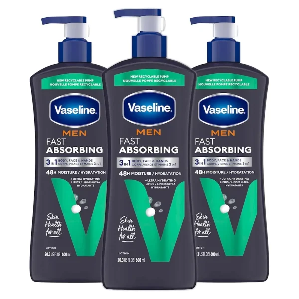 Vaseline Men’s Healing Moisture Hand & Body Lotion For Dry or Cracked Skin Fast Absorbing Non-Greasy Lotion for Men 20.3 oz. Pack of 3