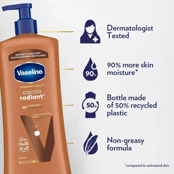 Vaseline Intensive Care Body Lotion Cocoa Radiant for Dry Skin Lotion Made with Ultra-Hydrating Lipids and Pure Cocoa Butter for a Long-Lasting. Radiant Glow 32 Oz - Image 5