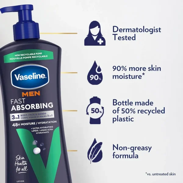 Vaseline Men’s Healing Moisture Hand & Body Lotion For Dry or Cracked Skin Fast Absorbing Non-Greasy Lotion for Men 20.3 oz. Pack of 3 - Image 4