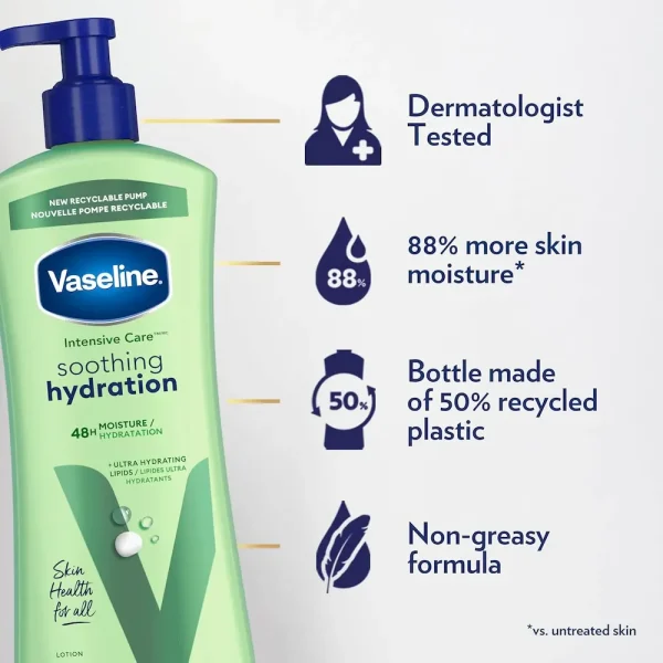 Vaseline Intensive Care Body Lotion for Dry Skin Soothing Hydration Lotion Made with Ultra-Hydrating Lipids + 1% Aloe Vera Extract to Refresh Dehydrated Skin 20.3 oz. Pack of 3 (packaging May Vary) - Image 4