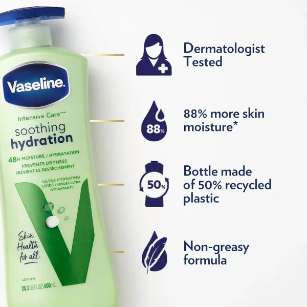 Vaseline Intensive Care Body Lotion Soothing Hydration for Dry Skin with Ultra-Hydrating Lipids + 1% Aloe Vera Extract to Refresh Dehydrated Skin 20.3 oz - Image 5