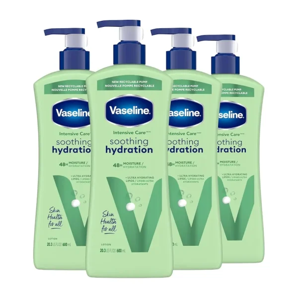 Vaseline Intensive Care Body Lotion 4 Count Soothing Hydration for Dry Skin with Ultra-Hydrating Lipids + 1% Aloe Vera Extract to Refresh Dehydrated Skin 20.3 Oz
