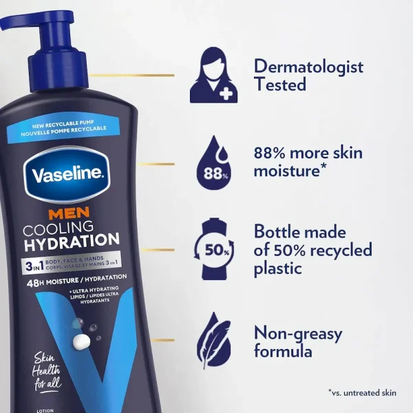 Vaseline Men Cooling Hydration 3-in-1 4 Pack for Dry Skin Face. Hands & Body Lotion for Men with Menthol & Ultra-Hydrating Lipids 20.3 oz - Image 4