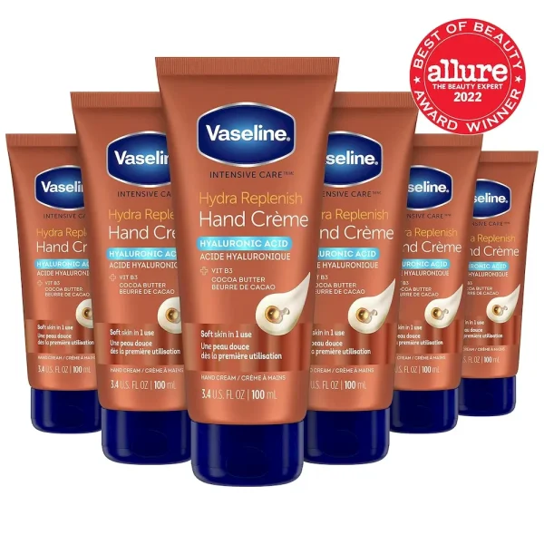 Vaseline Intensive Care Hand Cr??me Moisturizer for Dry Hands Hydra Replenish Made with hyaluronic acid. vitamin B3. and cocoa butter 3.4 oz 6 Count - Image 3