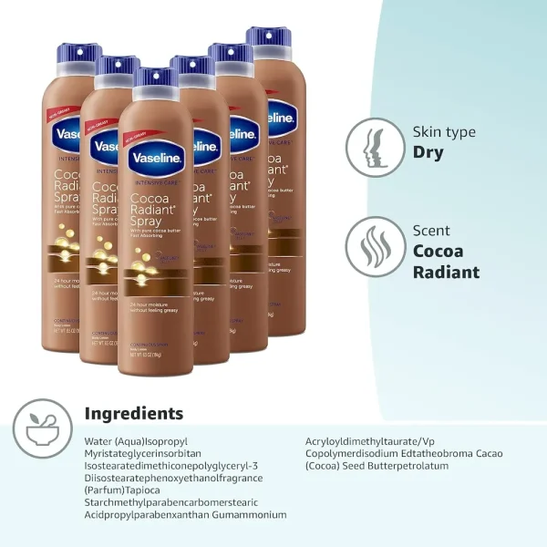 Vaseline Intensive Care Spray Moisturizer For Dry Skin Cocoa Radiant Made With 100% Pure Cocoa Butter 6.5oz (Pack of 6) - Image 13