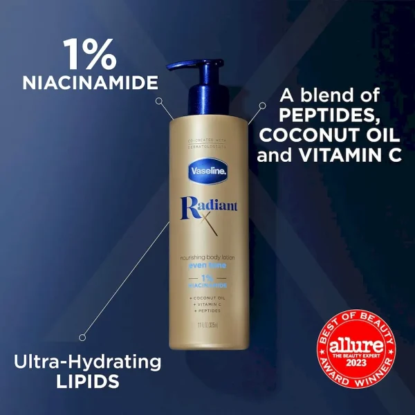 Vaseline Radiant X Even Tone Nourishing Body Lotion With 1% Niacinamide. Coconut Oil. Vitamin C. & Peptides 11 oz - Image 3